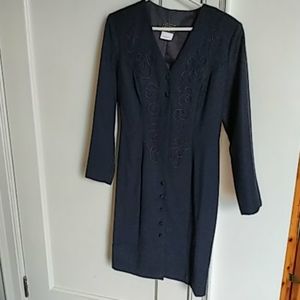 Navy blue wool dress with embroidery, size 10